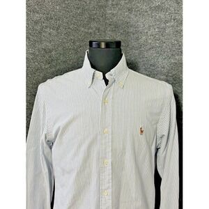 Ralph Lauren Shirt Men Medium White Blue Stripe Button  Classic Fit Flesh Pony